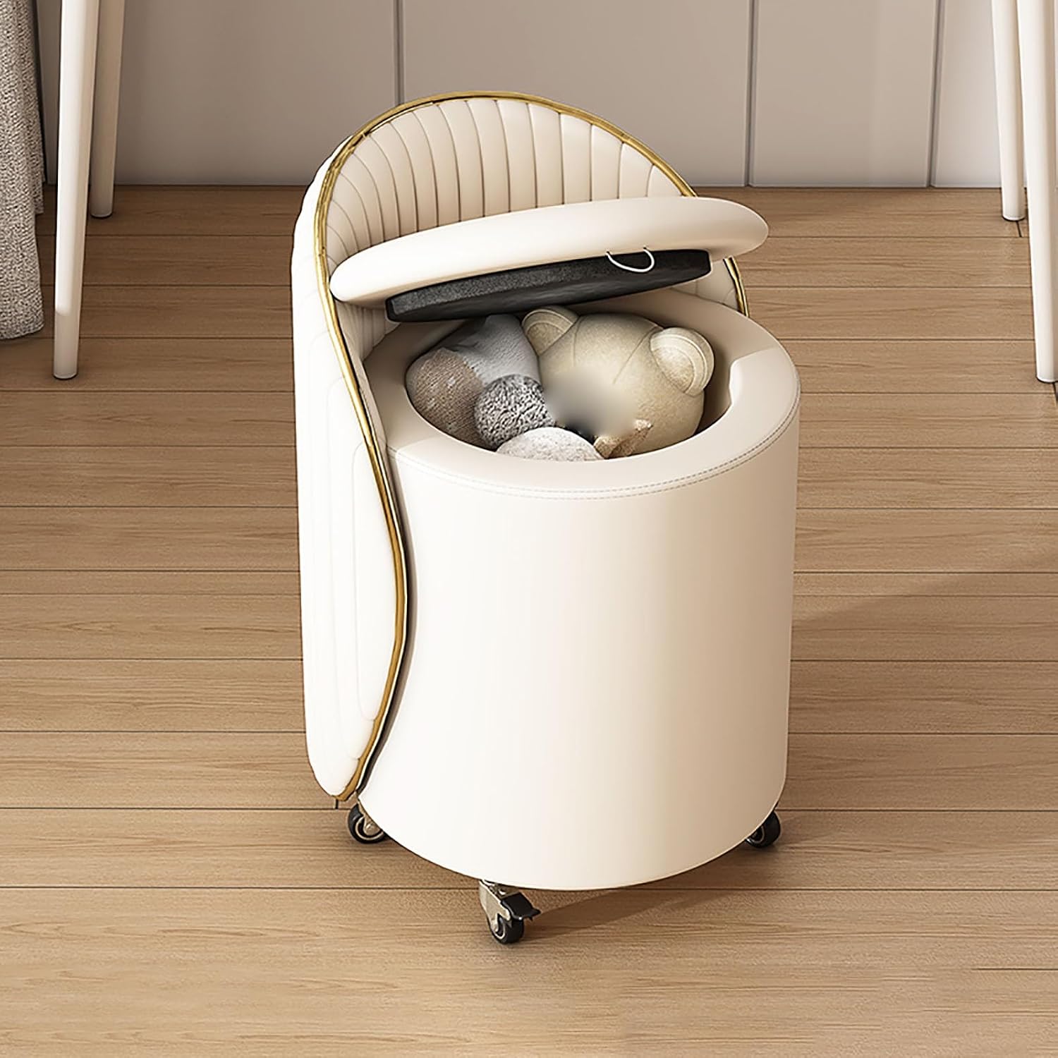 PU‑Leather Swivel Rolling Round Vanity Stool Ottoman