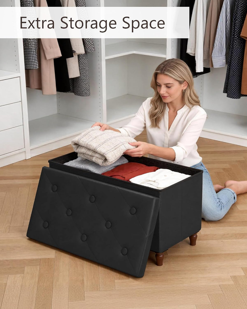 Black Folding‑Leg Storage Ottoman Bench