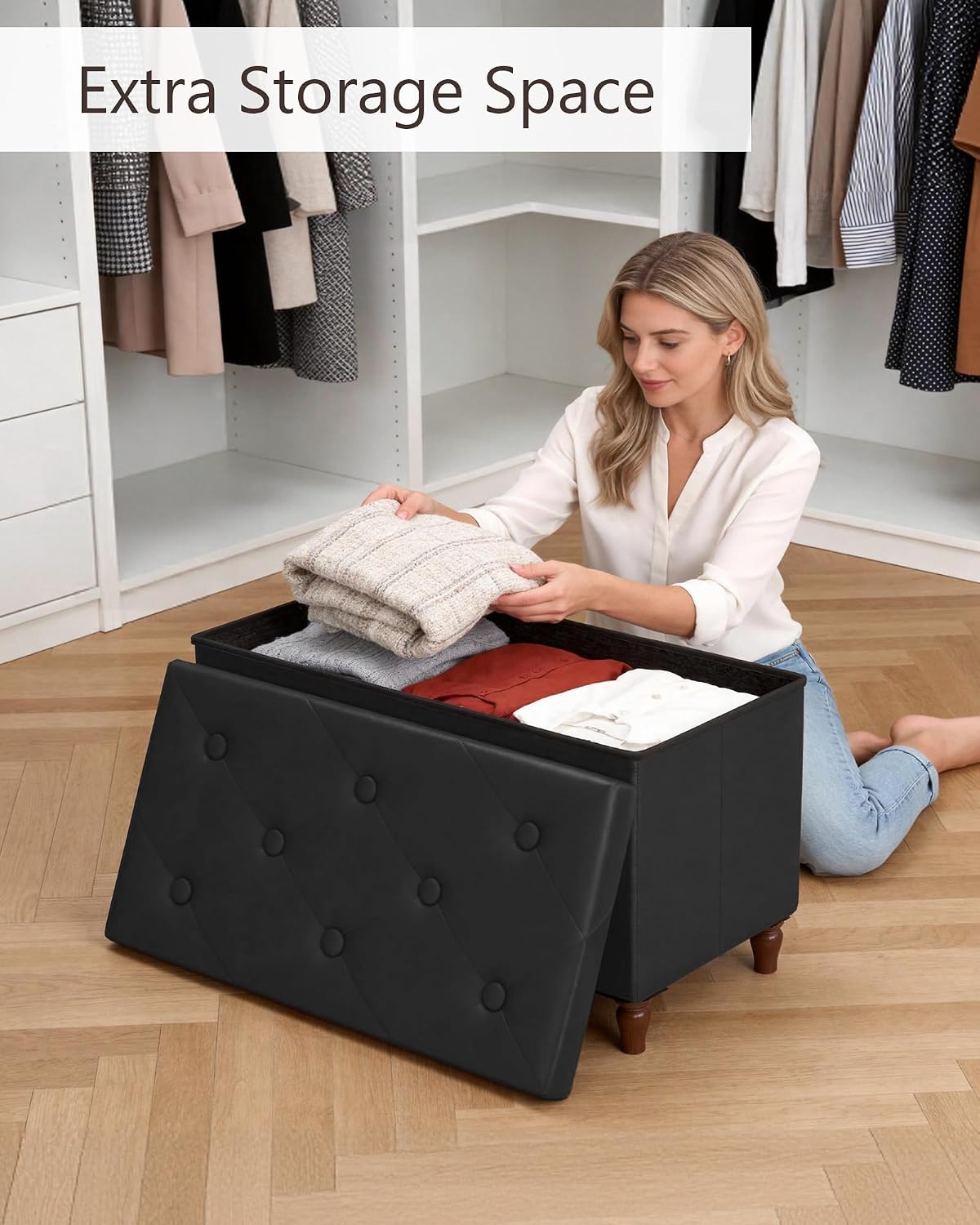 Black Folding‑Leg Storage Ottoman Bench