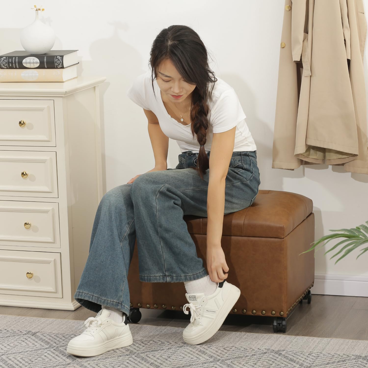 Small Wheeled Leather Storage Ottoman