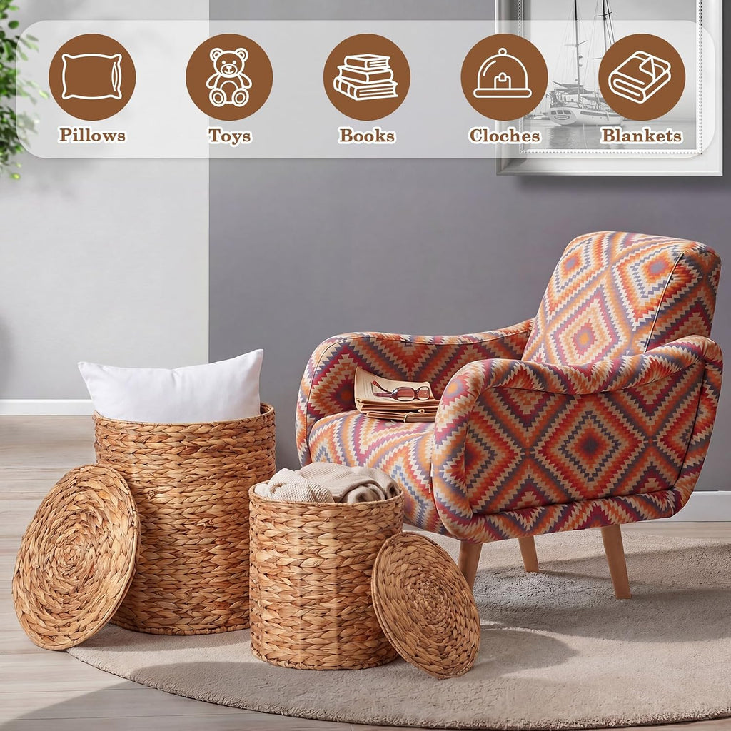 2‑Pack Round Lidded Rattan Ottomans