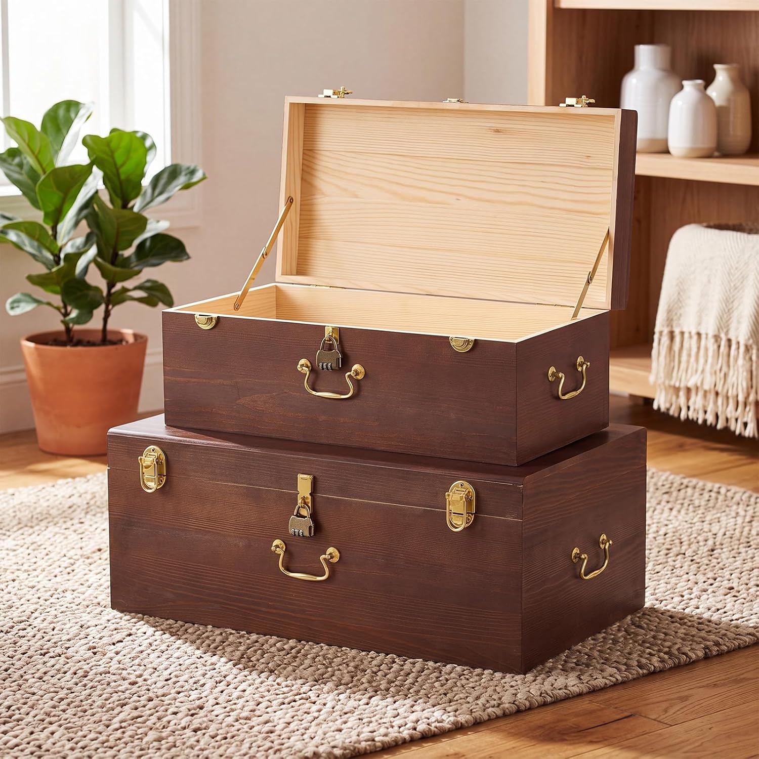 2‑Pack Lockable Wooden Storage Chests