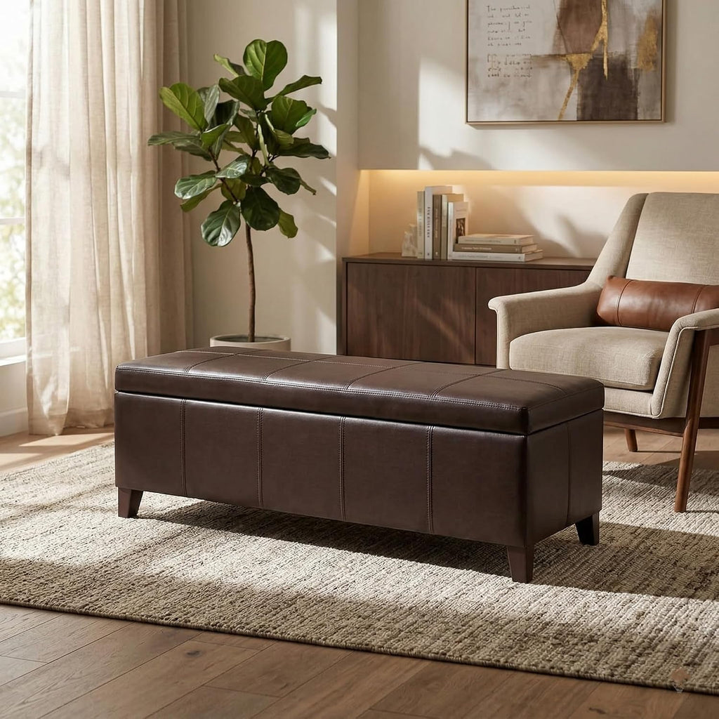 51" Coffee Brown Faux Leather Storage Ottoman