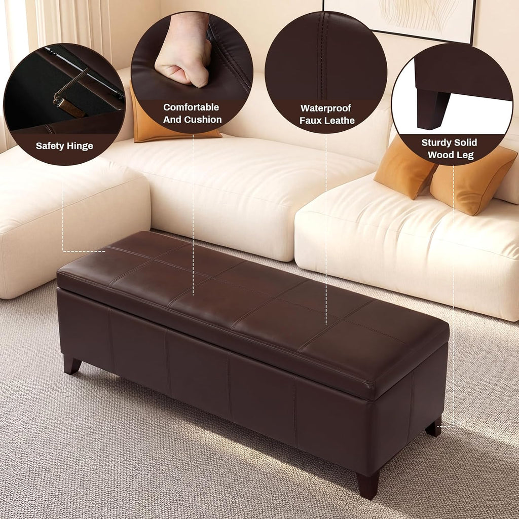 51" Coffee Brown Faux Leather Storage Ottoman