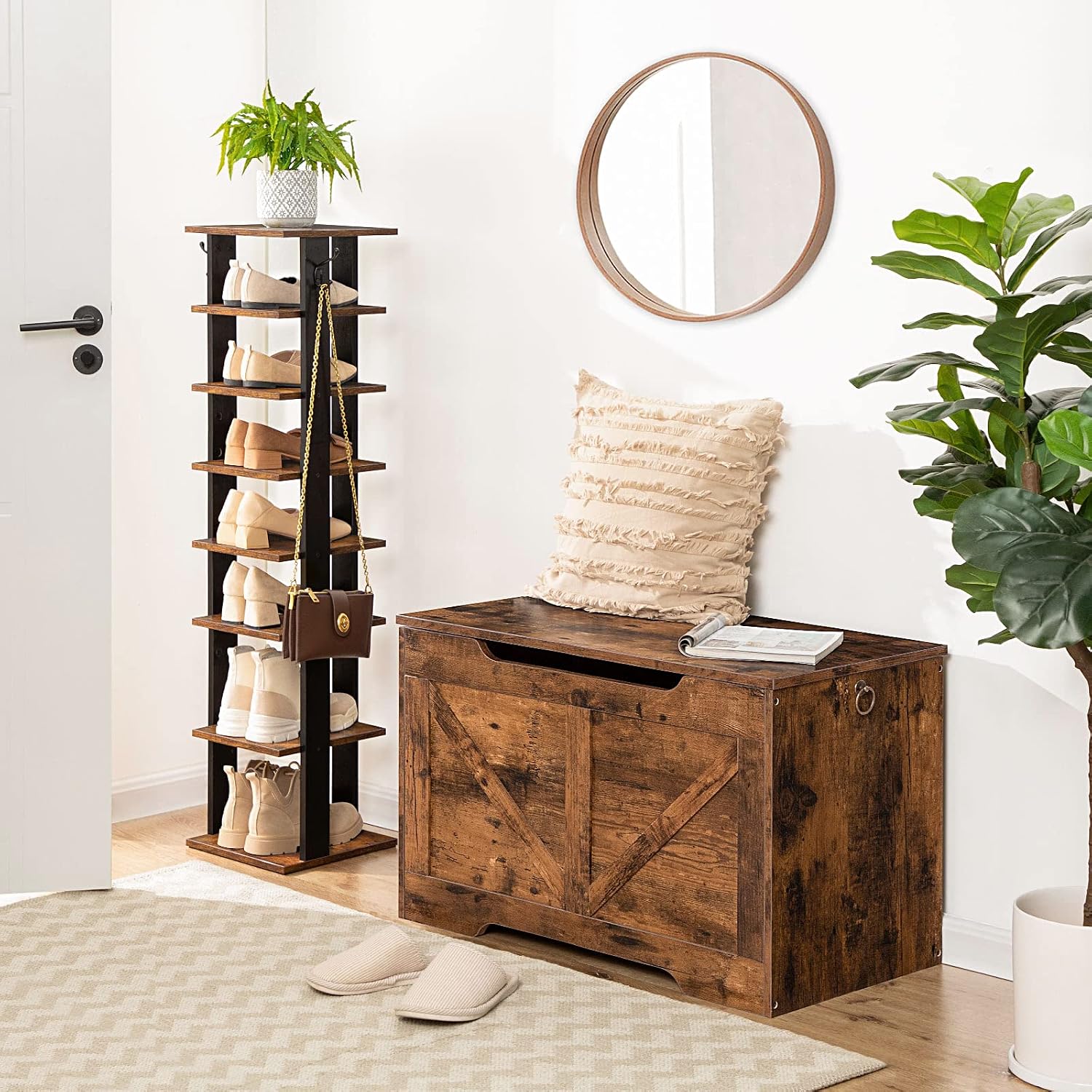 Brown Retro Safety‑Hinge Storage Bench