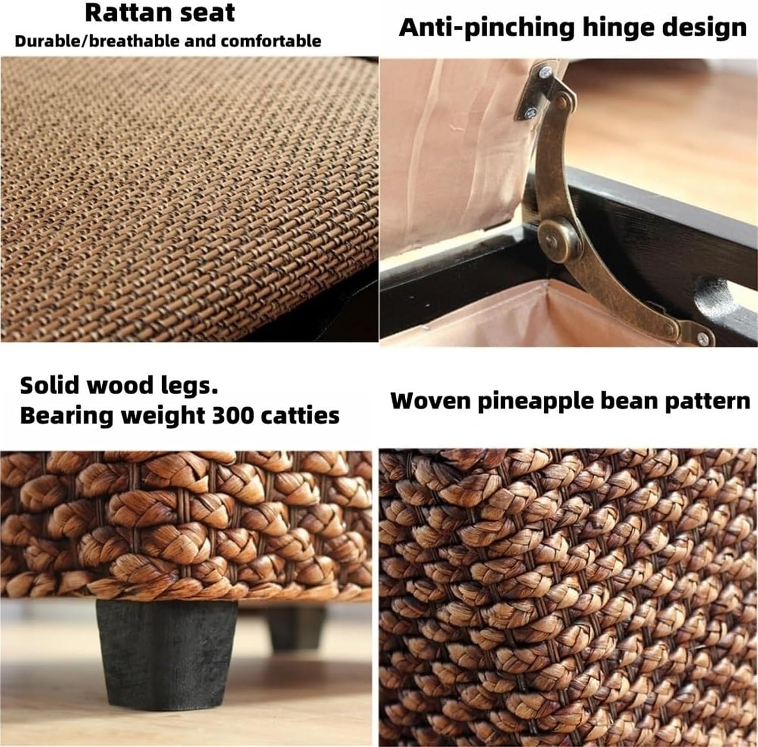 Boho Natural Rattan Storage Ottoman Wood Legs