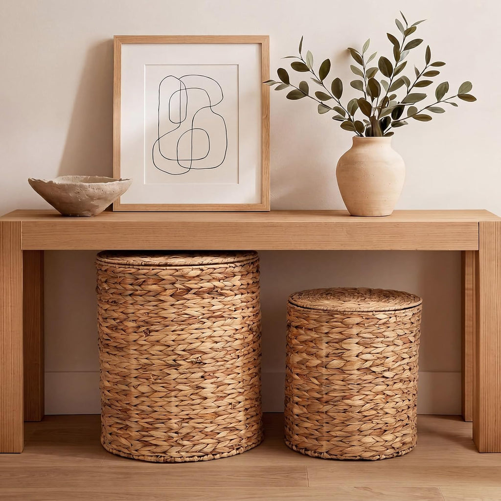 2‑Pack Round Lidded Rattan Ottomans