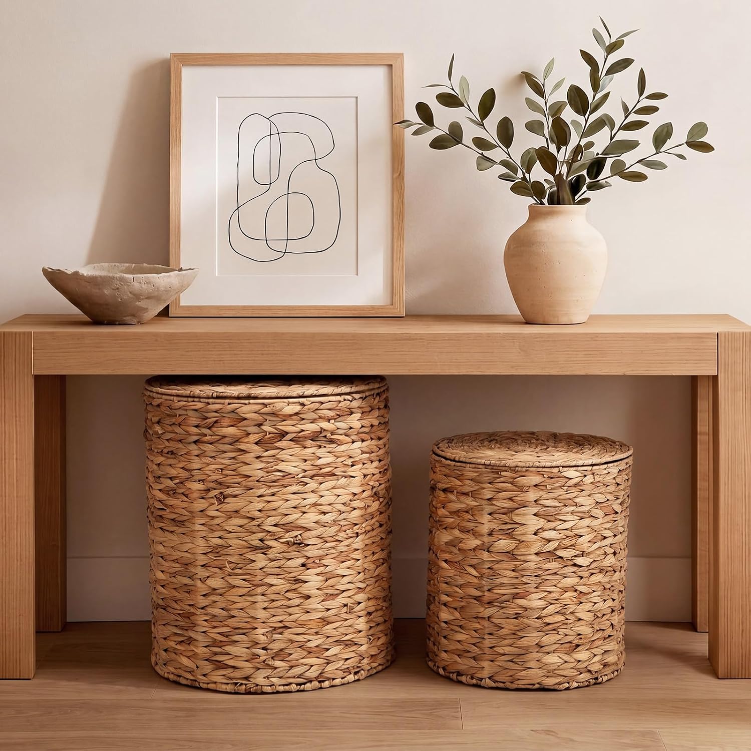 2‑Pack Round Lidded Rattan Ottomans