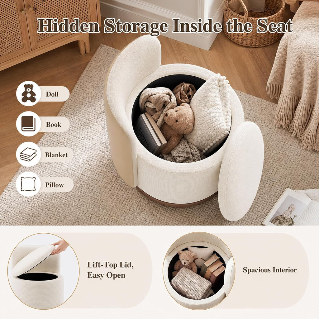 Ottoman with Storage, Round Vanity Stool with Back