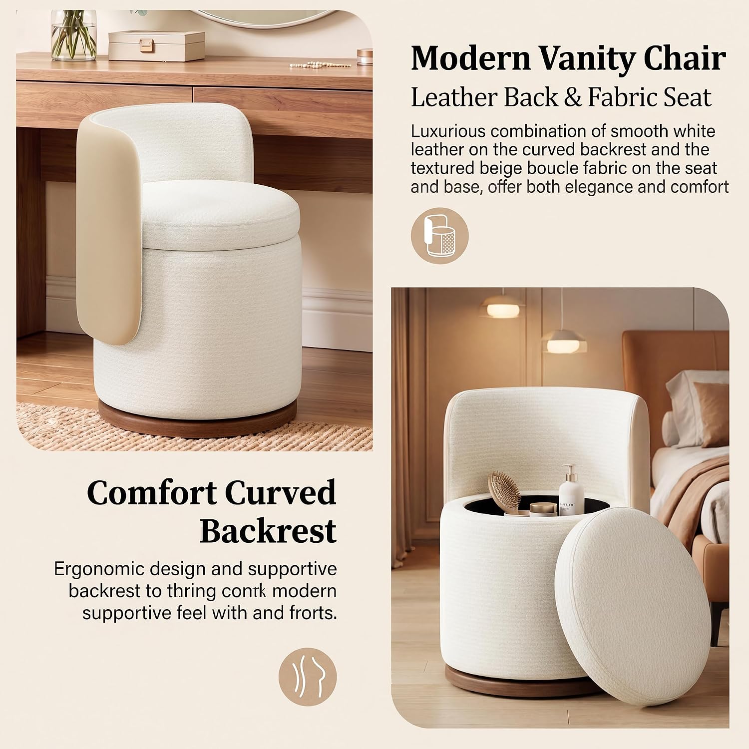 Ottoman with Storage, Round Vanity Stool with Back