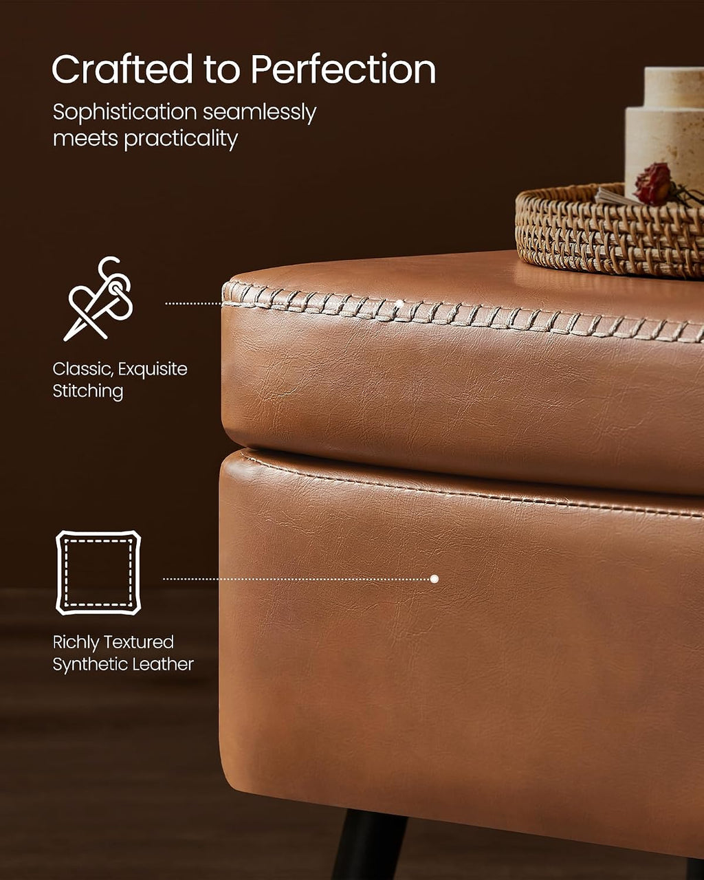 Leather Storage Ottoman With Steel Legs