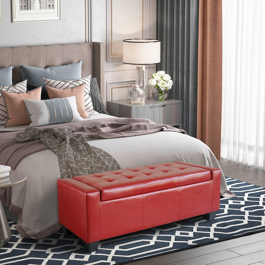 right Red Upholstered Storage Ottoman