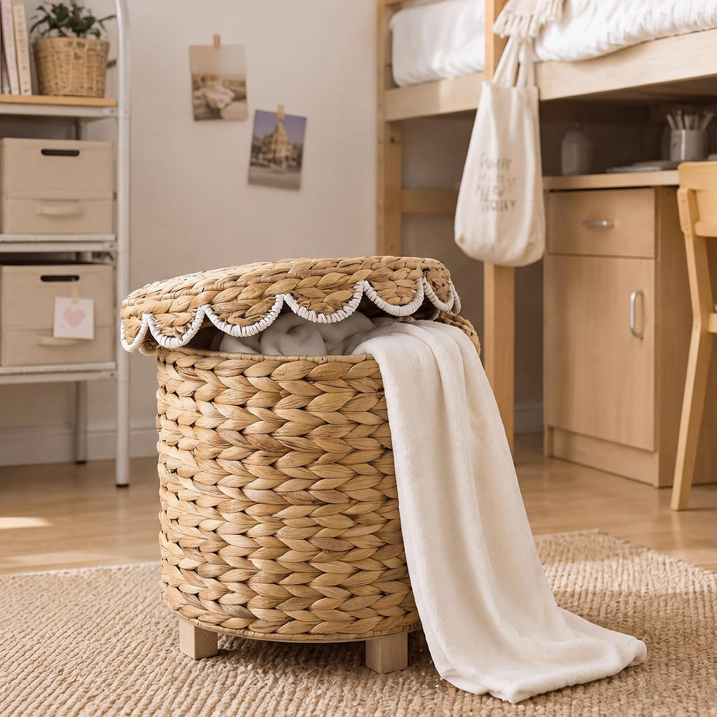 Boho Scalloped Hyacinth Storage Ottoman
