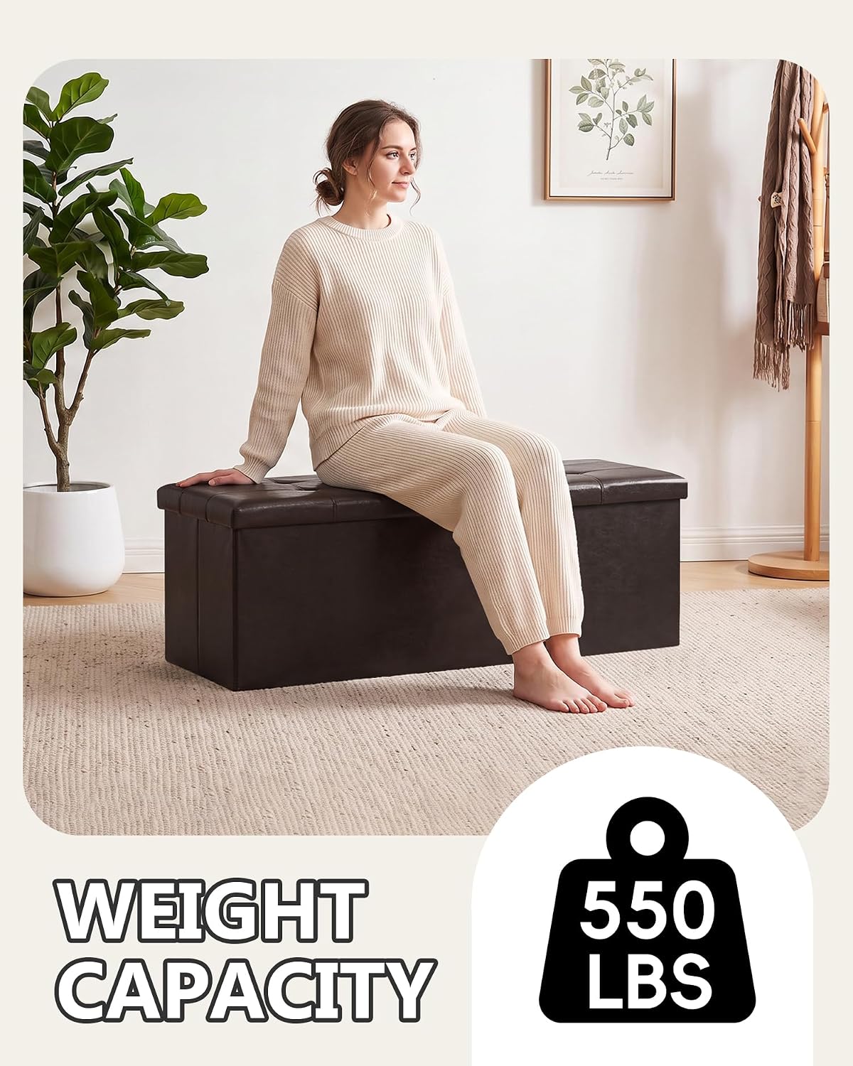 Brown Faux‑Leather Folding Storage Ottoman Bench