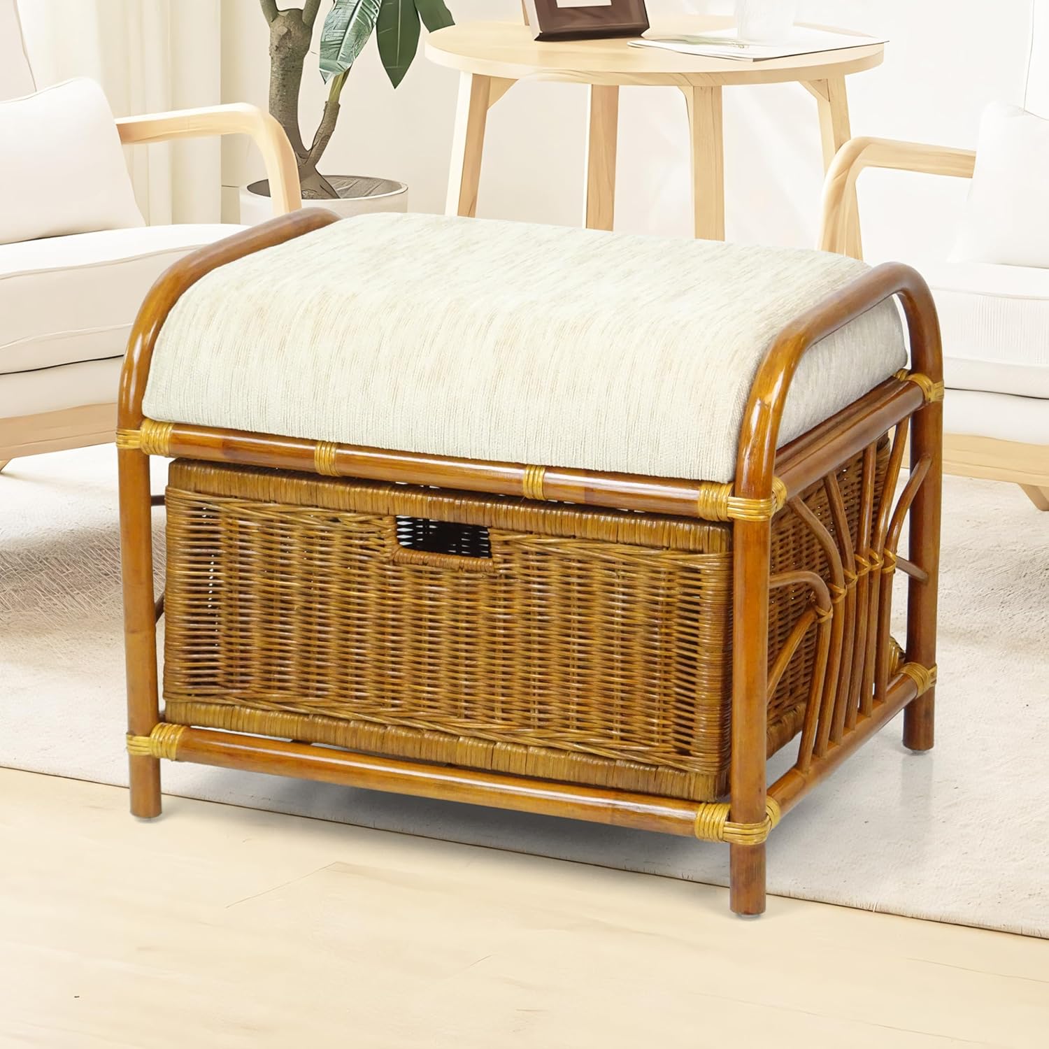 Rattan Wicker Cushioned Ottoman Stool