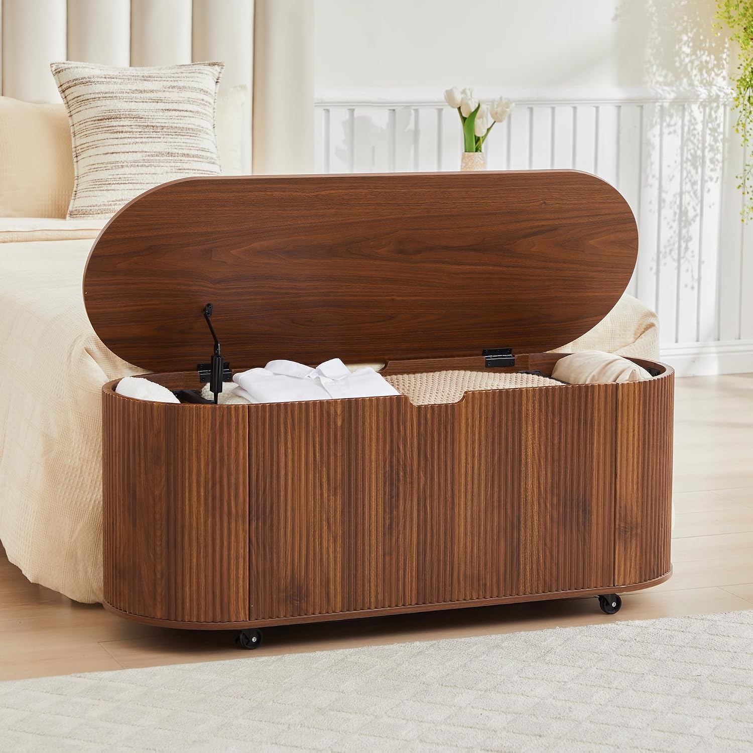 Walnut Wheeled Fluted Oval Storage Bench