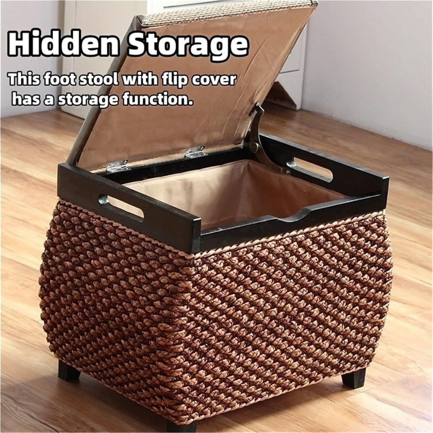 Boho Natural Rattan Storage Ottoman Wood Legs