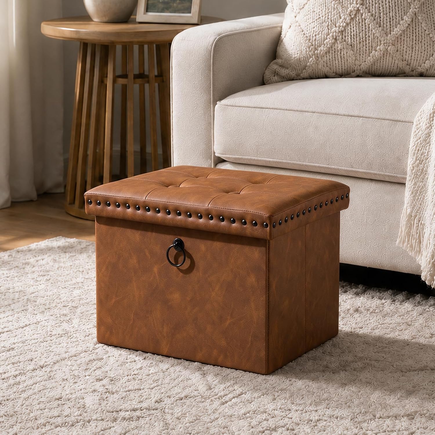 Brown Rivet‑Tufted PU‑Leather Storage Ottoman Bench