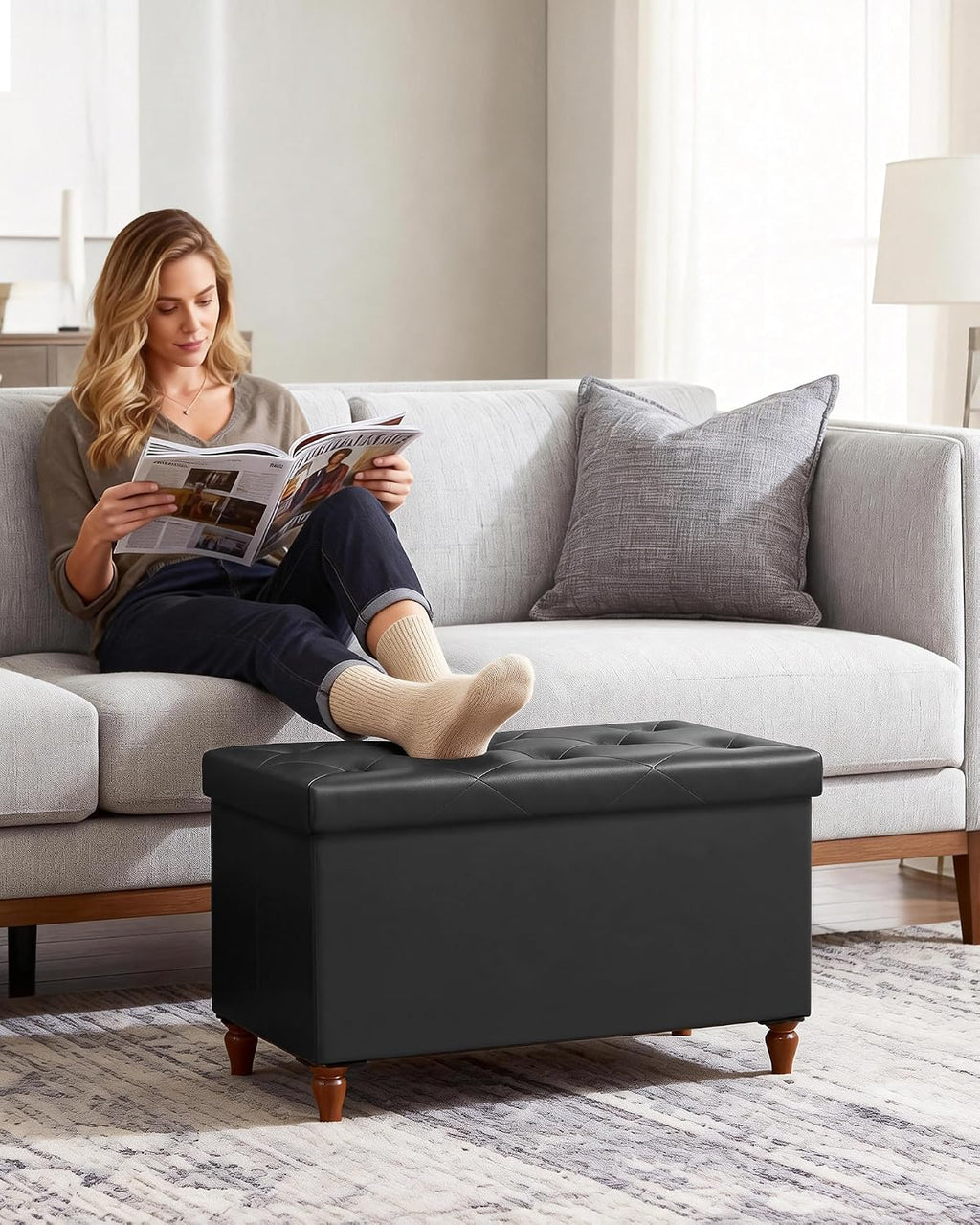 Black Folding‑Leg Storage Ottoman Bench