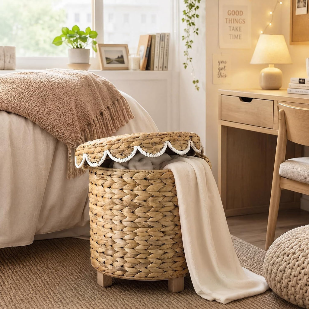 Boho Scalloped Hyacinth Storage Ottoman