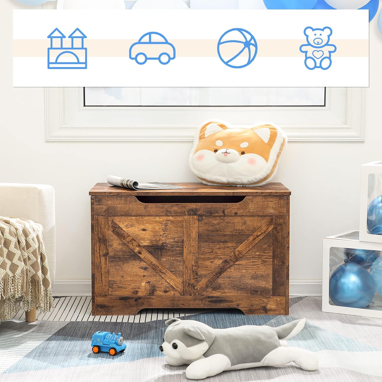 Brown Retro Safety‑Hinge Storage Bench