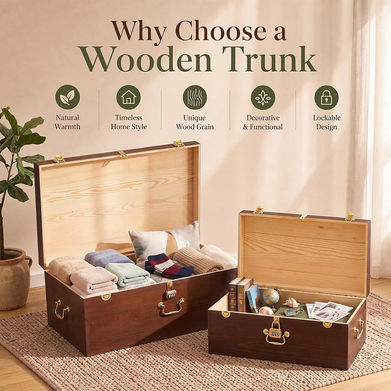 2‑Pack Lockable Wooden Storage Chests