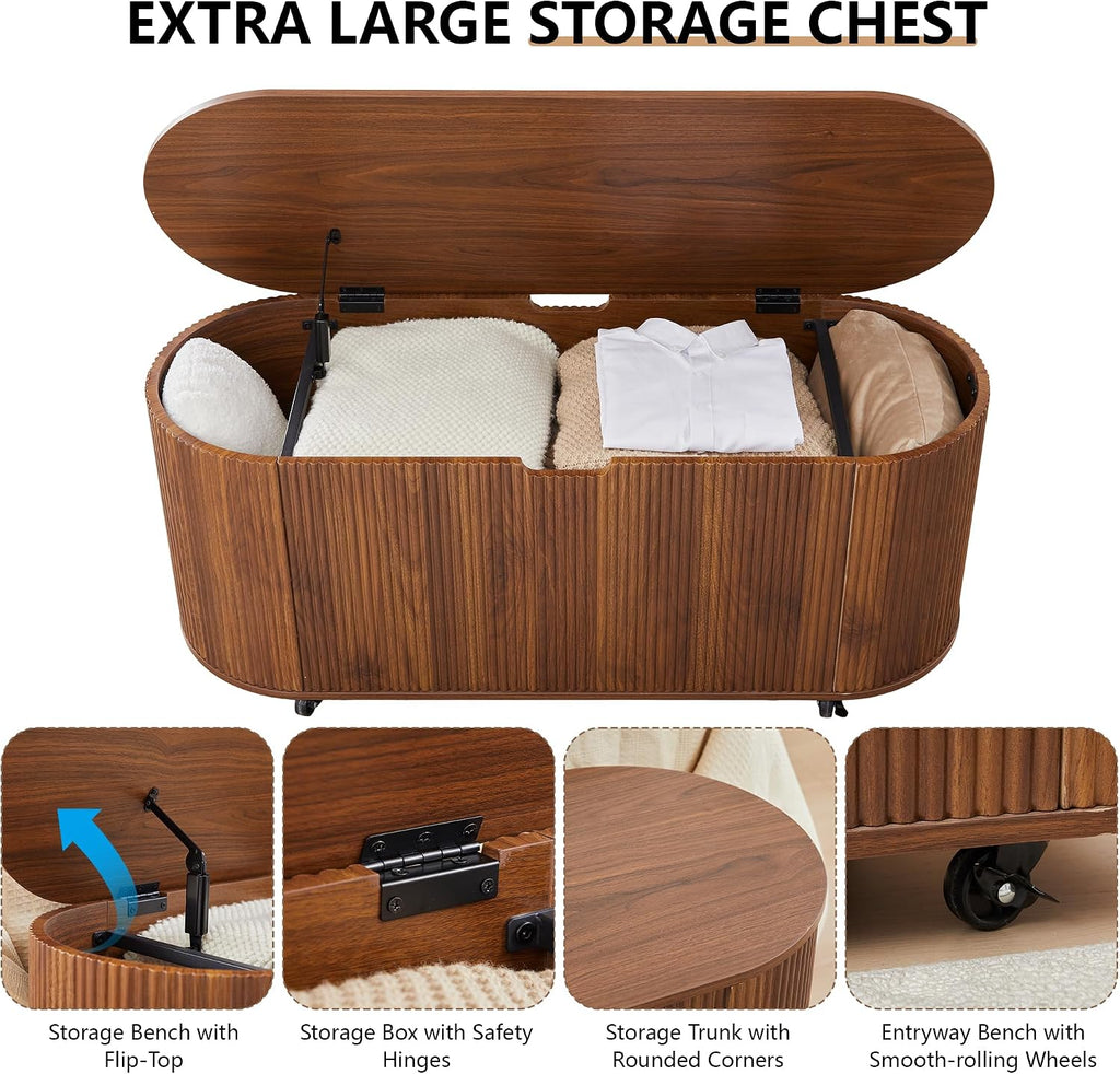 Walnut Wheeled Fluted Oval Storage Bench
