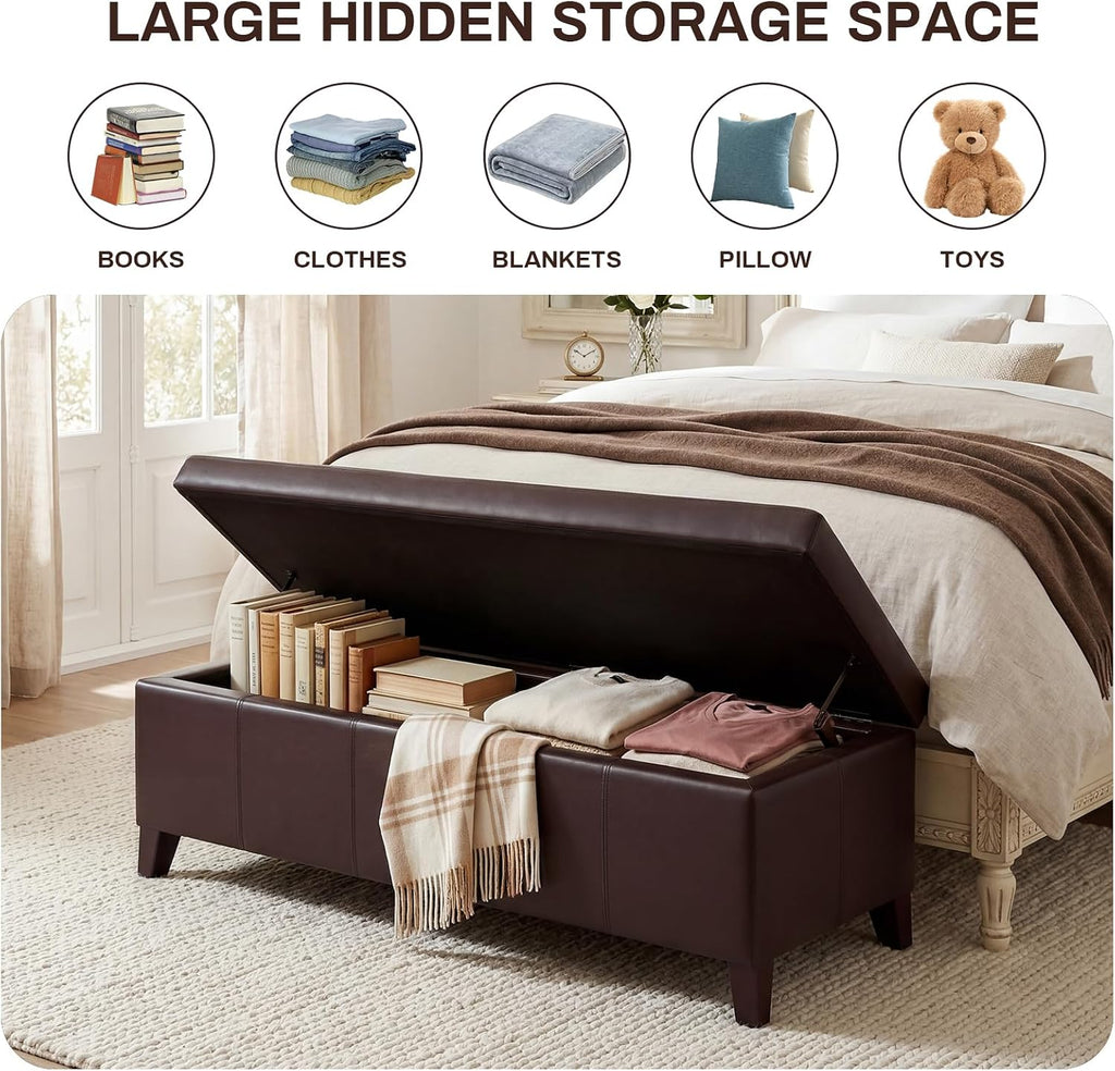 51" Coffee Brown Faux Leather Storage Ottoman