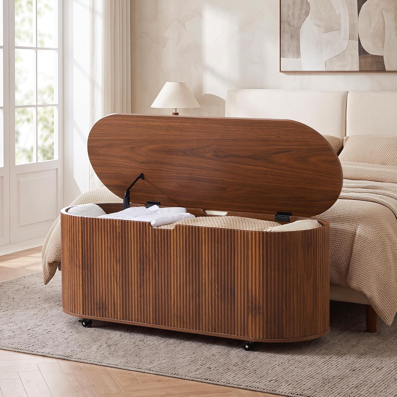 Walnut Wheeled Fluted Oval Storage Bench