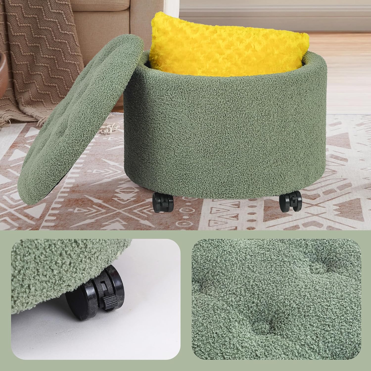 Velvet Wheeled Round Storage Ottoman
