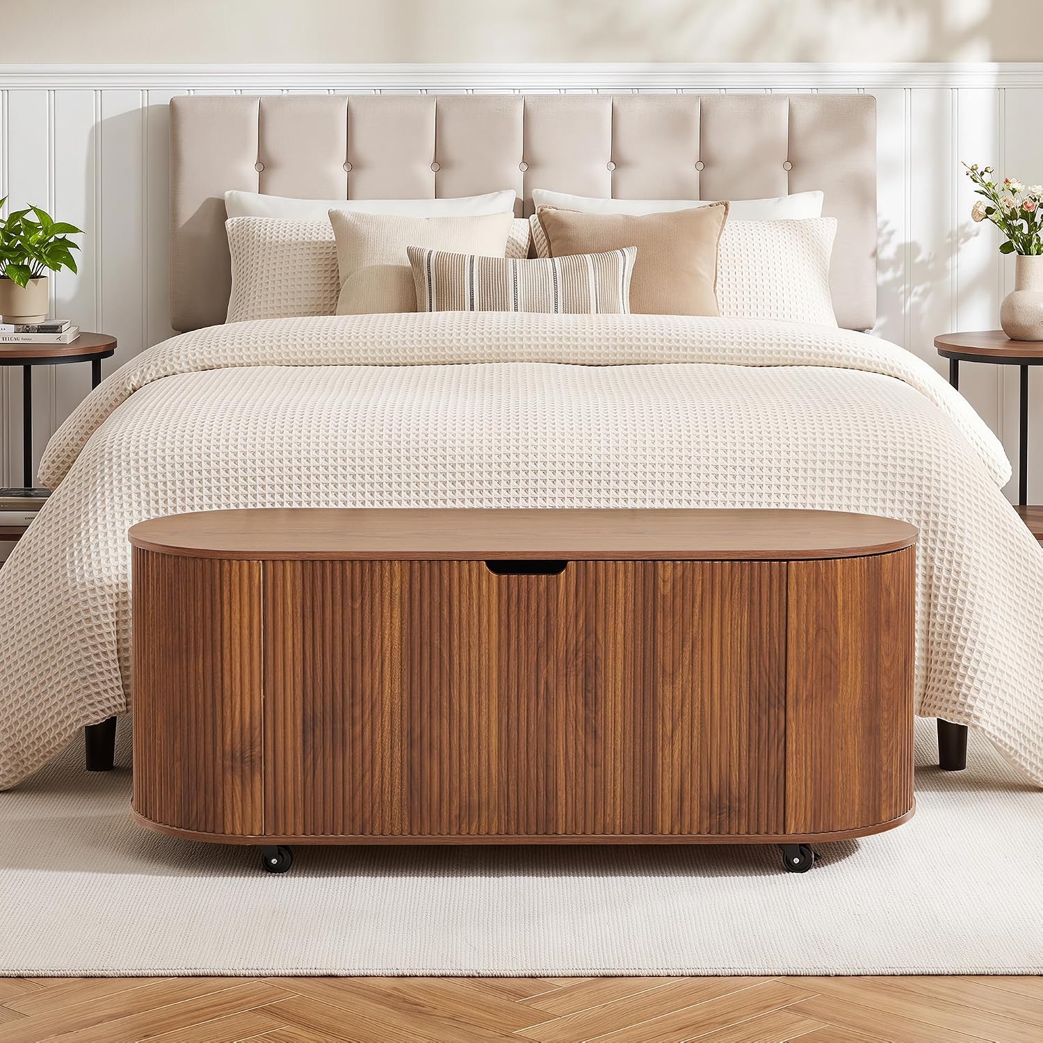 Walnut Wheeled Fluted Oval Storage Bench